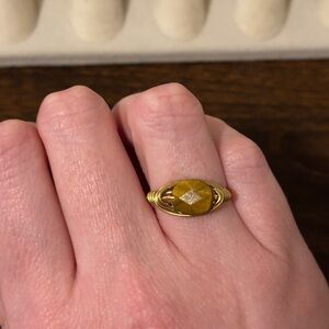 Gold Tone Wire Wrapped Ring with Brown Tigers Eye Faceted Stone, Size 7